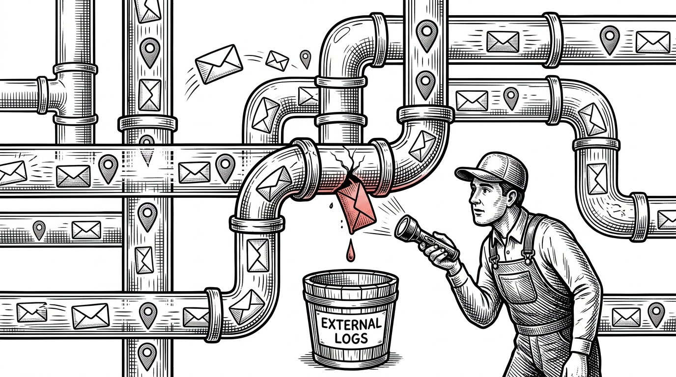 A complex plumbing system made of glass pipes showing data packets flowing, with one leaking into an external bucket.