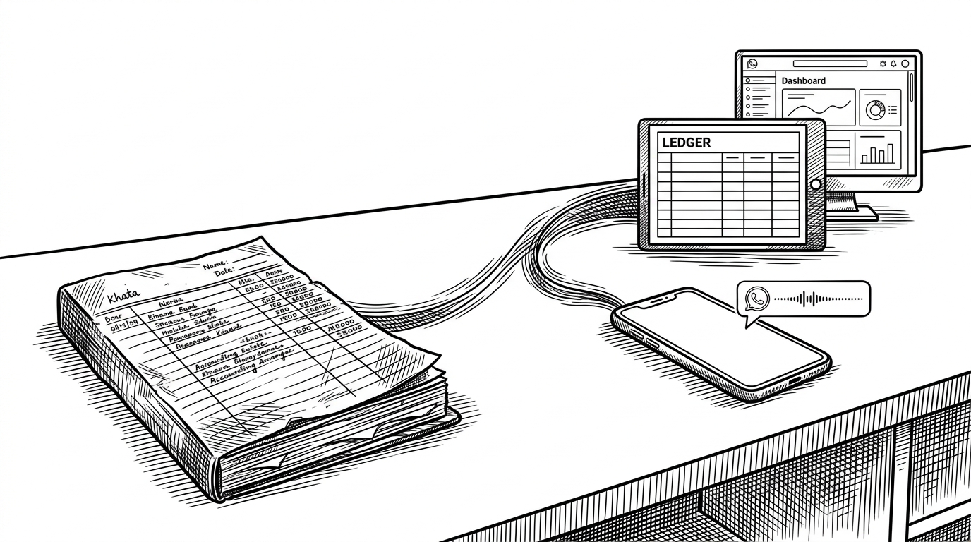 A Kirana shop counter shown as a transition from paper to software. A battered notebook sits beside a phone receiving a WhatsApp voice note, and the note appears to flow into a tidy ledger grid and dashboard screen. The image explains that the product turns spoken udhaar into structured bookkeeping.