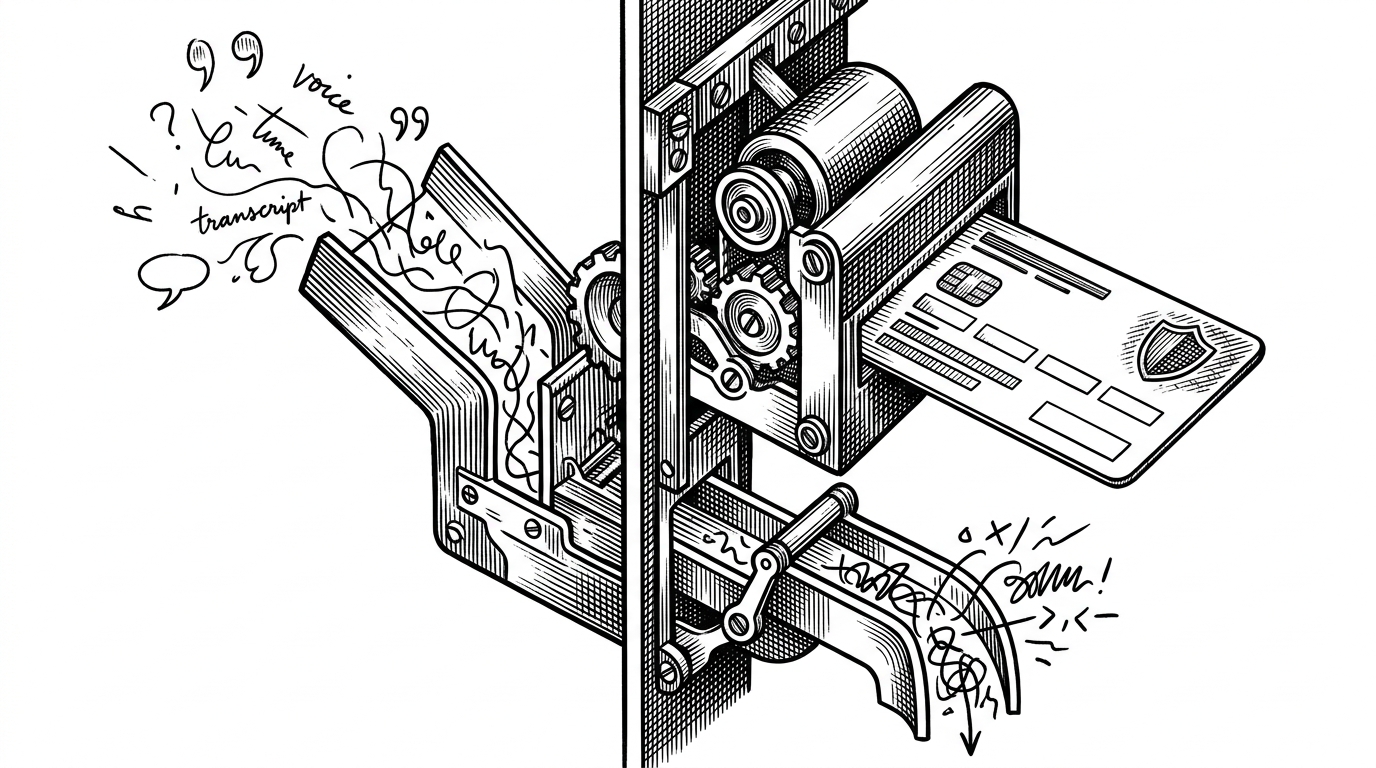 A close-up of a split mechanism that transforms a loose voice transcript into structured ledger data. On the left, handwritten fragments from speech appear as raw text. On the right, the same input becomes a neat card with customer name, amount, type, and risk badge. A small lever below routes failure into a fallback path instead of stopping the machine. The image explains the hybrid intelligence layer and its safety net.