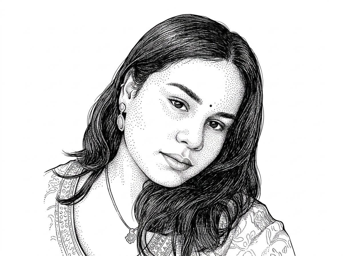A hedcut-style portrait of Priyanka Behura rendered in black ink on white background. It presents the likely creator as the person behind the project, grounding the repo in a real author rather than an anonymous demo.