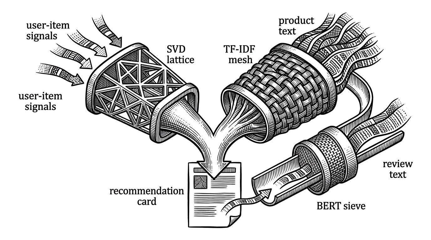 A close-up diagram-like illustration of two AI paths merging into one storefront output. On the left, behavior signals feed a collaborative filtering lattice and product text feeds a TF-IDF mesh. On the right, review text passes through a BERT sieve that stops suspicious reviews. It explains how the system splits discovery from trust.