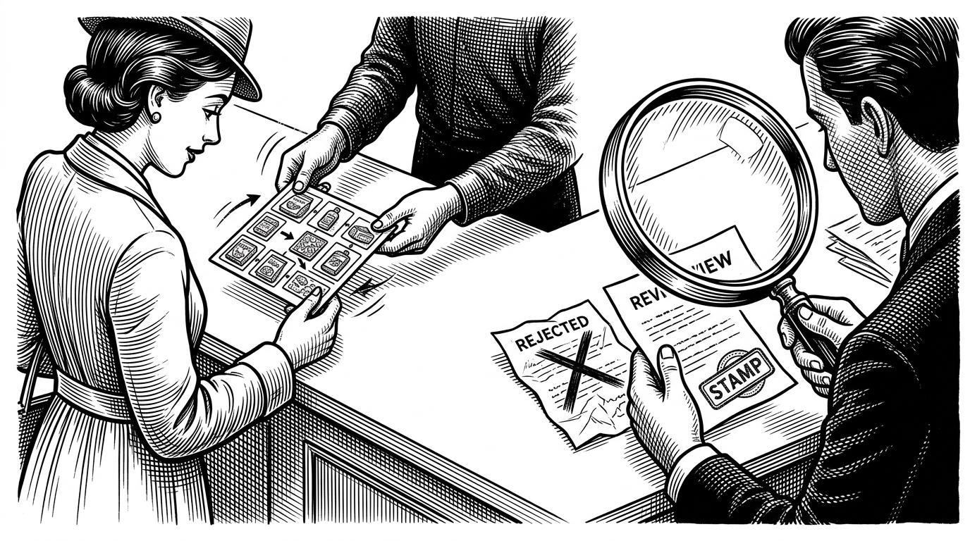 A split marketplace counter in black ink on white paper. On one side, a shopper receives a recommendation card assembled from product tiles and directional arrows. On the other, a magnifying lens inspects review slips, approving one and rejecting another. It explains that the project is built around both discovery and trust.