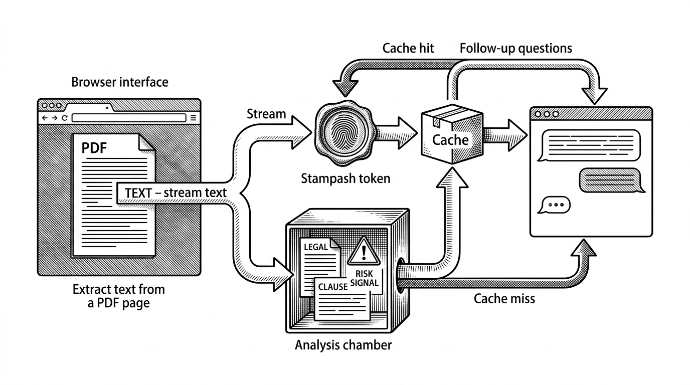 A close-up pipeline diagram shows a PDF entering a browser window, then flowing through extraction, a stamped hash key, a cache box, an analysis node, and a chat panel that reuses stored context. The visual explains why the app can avoid rereading the same document and still answer follow-up questions coherently.