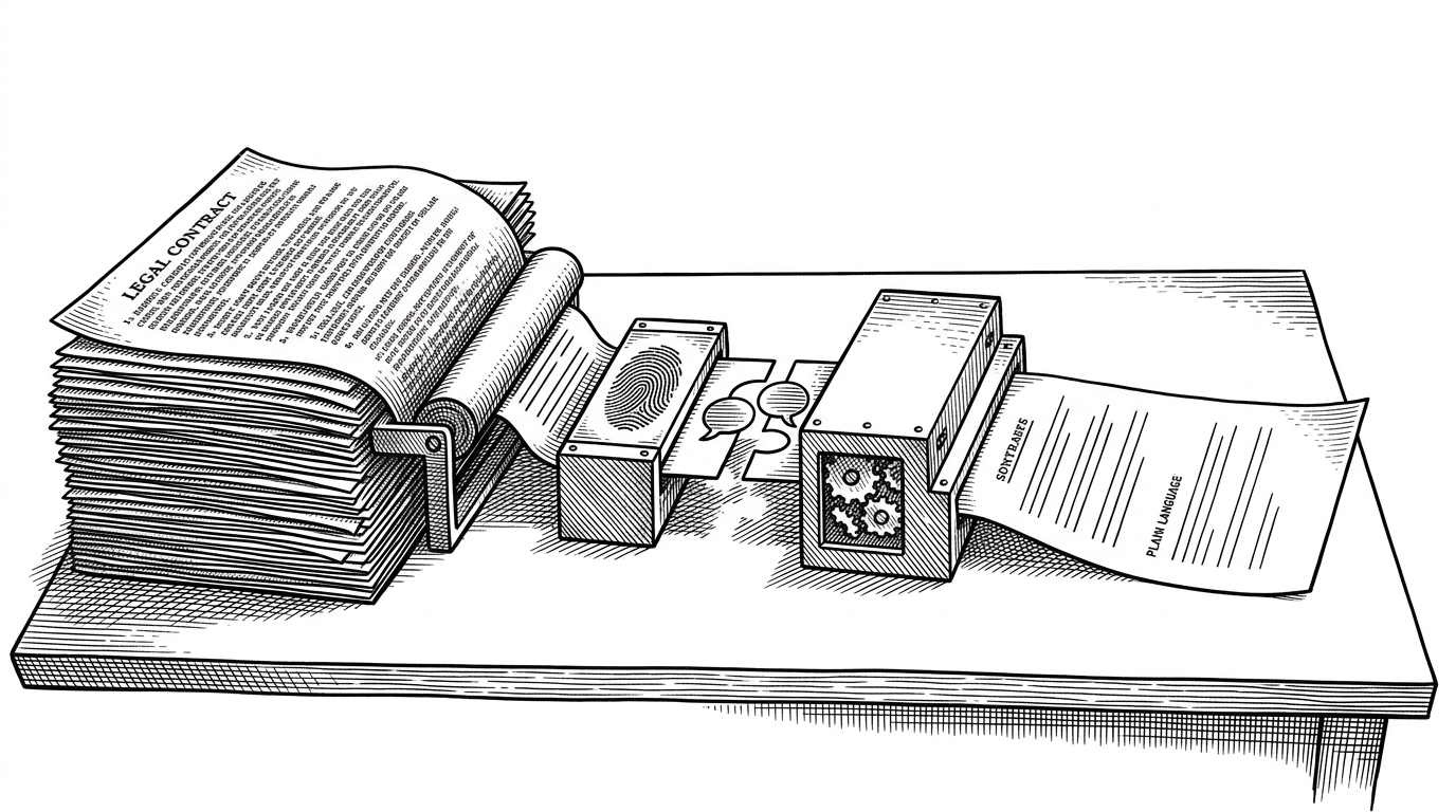A wide editorial scene shows a dense legal contract on one side of a desk and a plain-language summary on the other. Between them sits a small mechanical bridge made of extraction, hashing, analysis, and chat components, showing how the app turns intimidating text into something a user can question and understand.