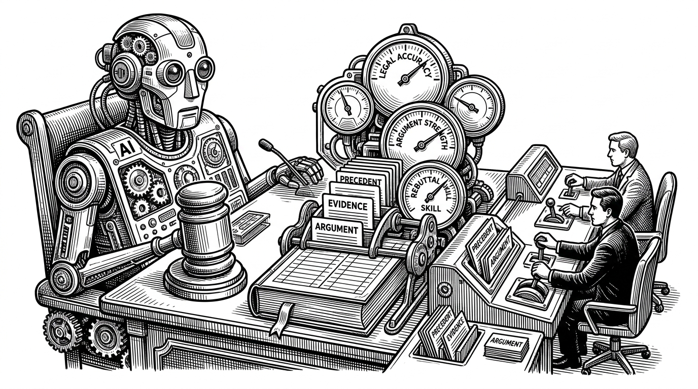 A wide courtroom table reimagined as a mechanical control surface. A judge sits at one end like a gavel-shaped instrument panel, while counsel and advisor appear as smaller opposing stations. Argument cards feed into score dials, showing that the system turns debate into a measurable workflow rather than a freeform chat.