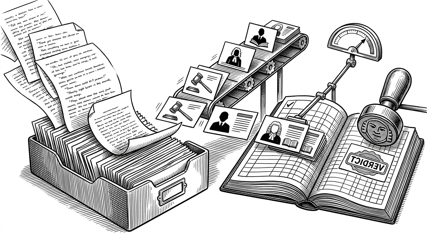 A close-up view of dialogue being transformed into structured records. Raw transcript slips into a filing tray, then splits into labeled cards for user, judge, counsel, and advisor before snapping into a ledger and dashboard. The image explains how the app converts conversation into durable case state and scores.