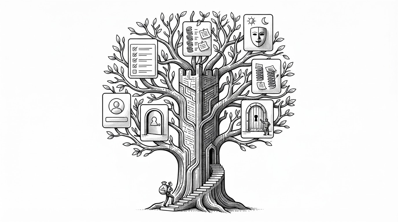 A tall central tower labeled main.dart with small branches feeding out to onboarding cards, a login gate, hydration entries, reminders, and a theme switcher. The image explains how one file acts as the app’s control center without hiding the dependencies between screens and state.