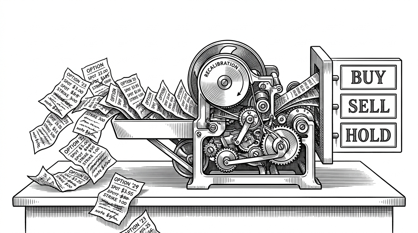 A wide trading desk scene where messy option slips enter a mechanical sorting machine and emerge as a clean signal board with three outputs. A recalibration wheel keeps turning as fresh market data arrives, showing that the system is built to adapt rather than freeze in time.