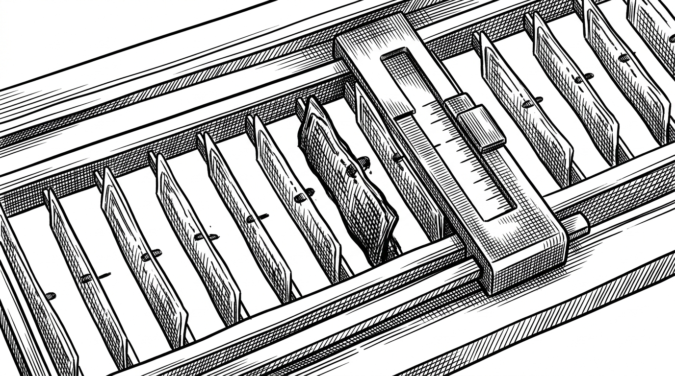A close-up row of option contracts arranged like a ladder, each one marked with a small residual above or below the line. A sliding calibration gauge recenters the row while the strongest outlier stands out as the clearest mispricing candidate.