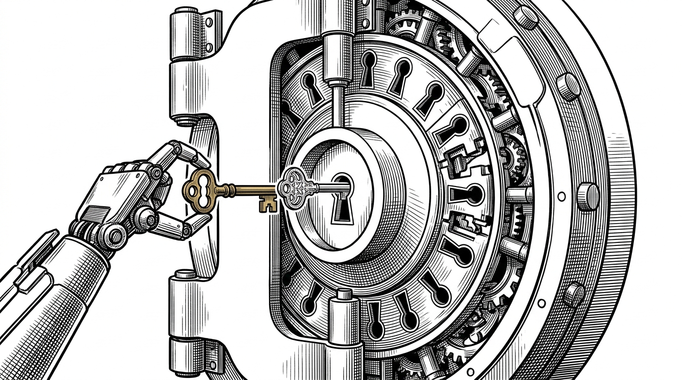 A massive vault door with a circular track of shifting keyholes, and a mechanical arm swapping an old brass key for a new silver one.
