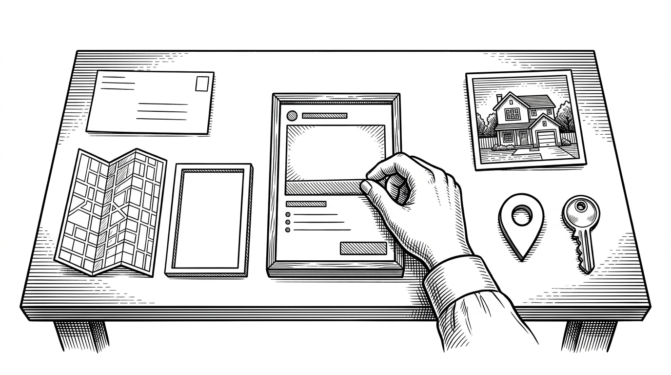 A marketplace listing is being assembled on a workbench. An address slip, a map grid, a property photo, and a key icon are brought together into one coherent card, showing how raw form inputs become a trustworthy listing. The scene explains the article’s core idea: the app does not just store data, it turns it into an enforced marketplace object.