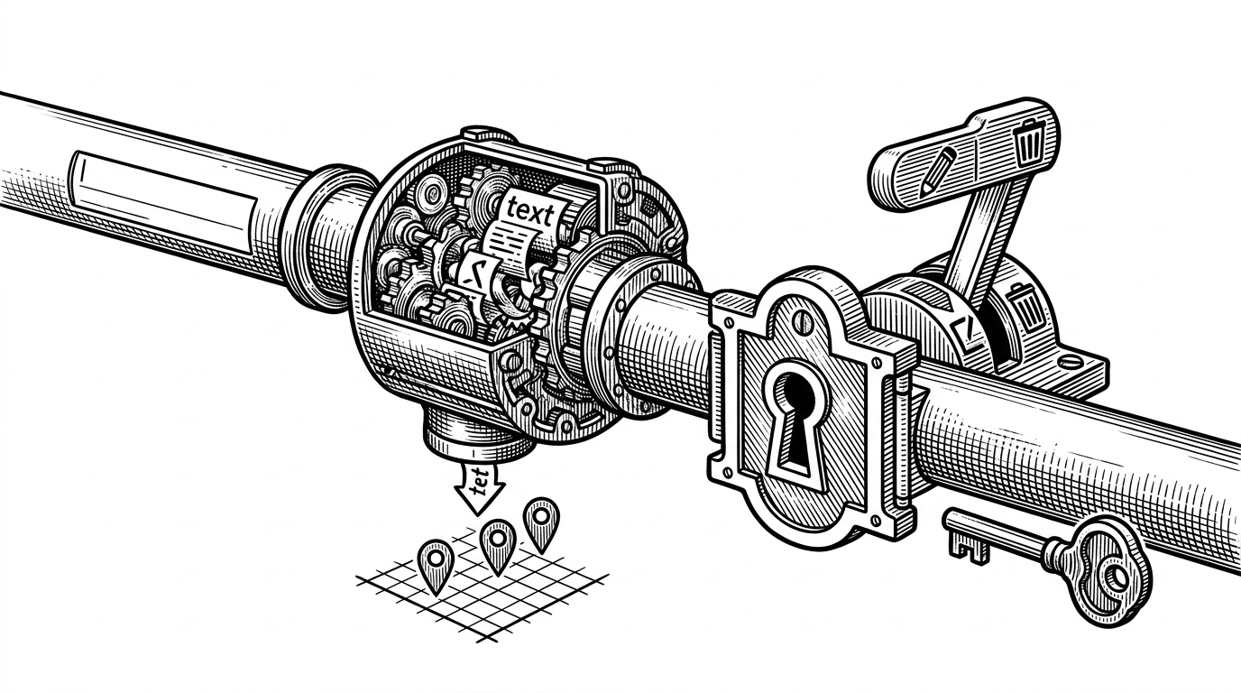 A close-up of a validation gate feeding a geocoding machine and then a map pin, while a second gate controls access to an edit-and-delete lever. The image explains how the app separates data enrichment from permission checks, and why that keeps listings trustworthy.