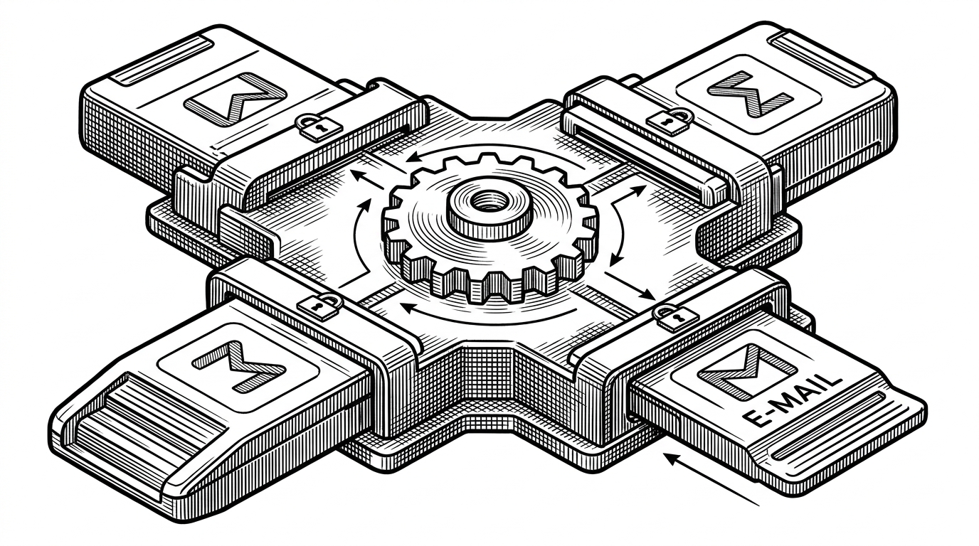A close-up mechanical relay routes power from a central gear labeled state into four interchangeable cartridges representing email providers. One cartridge is sliding out while another locks in place, with arrows showing fallback and recovery paths. It explains how the system treats inbox providers as swappable modules inside a shared orchestration loop.