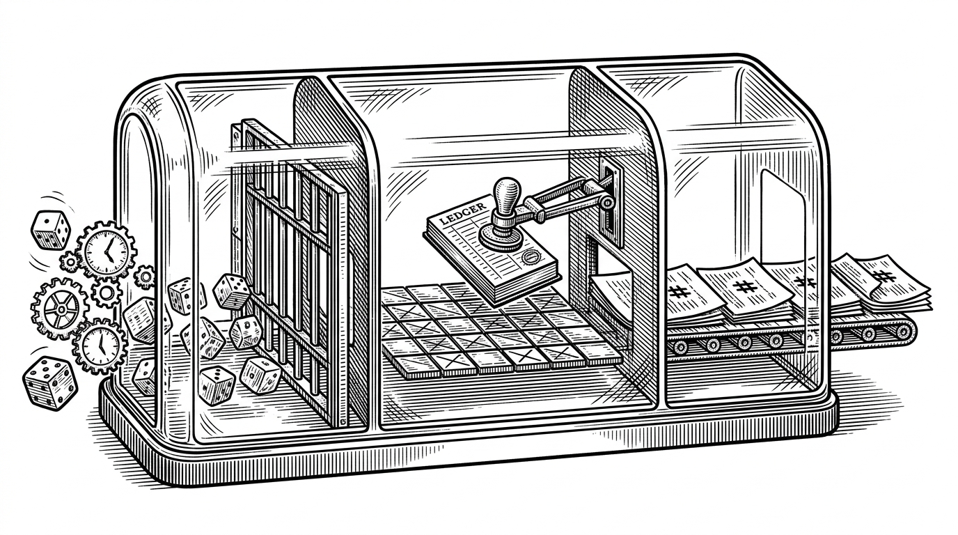 A wide editorial scene of a glass-encased laboratory instrument with three chambers. One chamber holds a quantum parity-check lattice under inspection by a mechanical verifier arm, while a barred gate blocks dice and clocks from entering another chamber and a stack of hash-sealed pages feeds the system from the side. It explains that this codebase treats quantum error-correction work as an audited process, not a loose simulation.