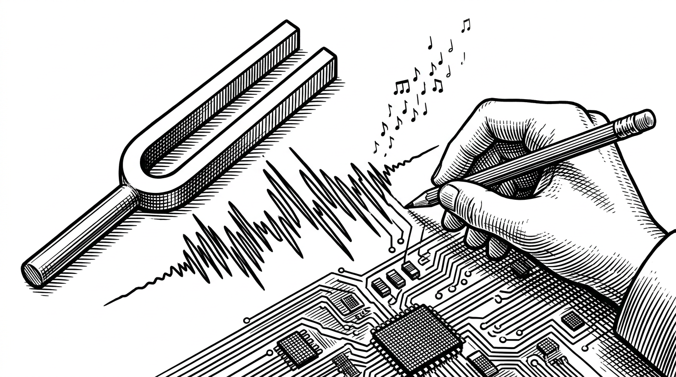 A close-up editorial scene of a tuning fork, a waveform, and a circuit board aligned to the same hidden pattern. A researcher’s hand traces a syndrome matrix while tiny note-like marks rise from the page, suggesting that instability can be heard as well as measured. It explains sonification as a diagnostic tool rather than a novelty.