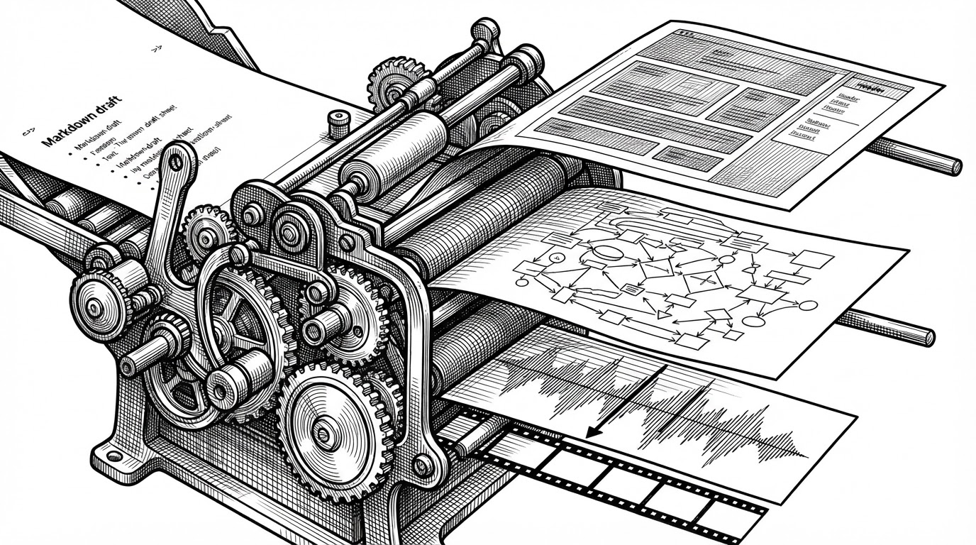 A close-up mechanical press takes one Markdown draft and splits it into three finished outputs: an HTML page, a diagram sheet, and a video waveform with a playhead. It explains that the same lightweight content source can become multiple formats without asking the model to recompose each one.