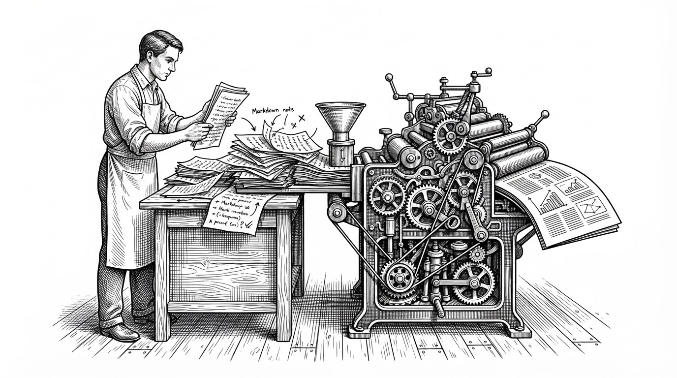A wide editorial scene shows a cluttered stack of handwritten Markdown pages on one side and a disciplined machine on the other, producing a single clean page with sections and diagrams. It explains the project's main idea: the model writes the draft, while deterministic tools handle layout and presentation.