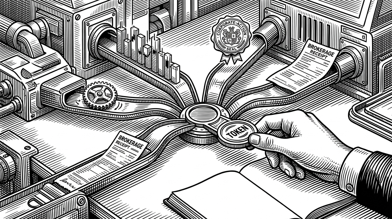 A close-up mechanical scene showing several feeds feeding into a stamped token that is handed to a strategist at a workbench. The image explains that LEAN resolves timing first, then exposes a clean `Slice` to strategy code.