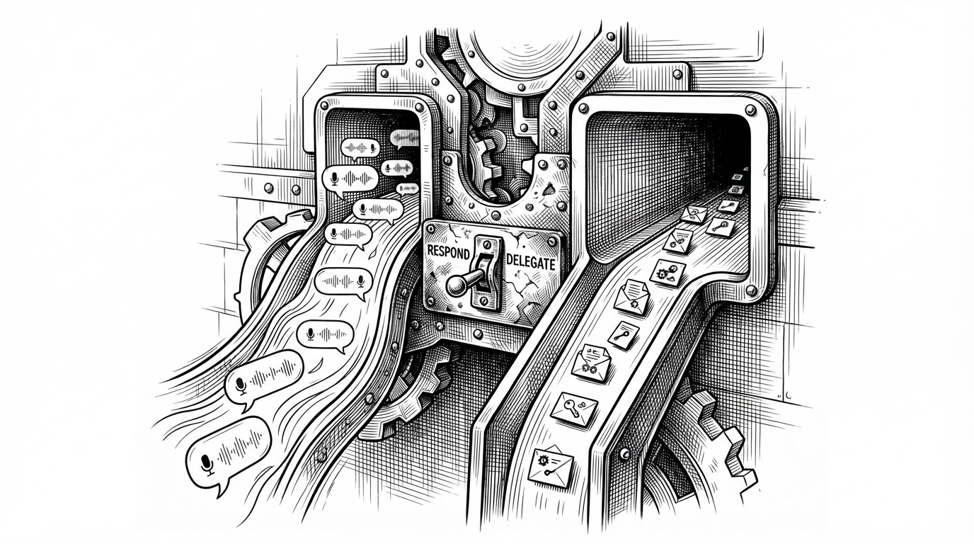 A close-up cutaway of a gateway split into two channels. One channel carries speech waves and conversational turns, while the other carries task packets and backend jobs into a separate chamber. A central switch controls whether the system responds or delegates.