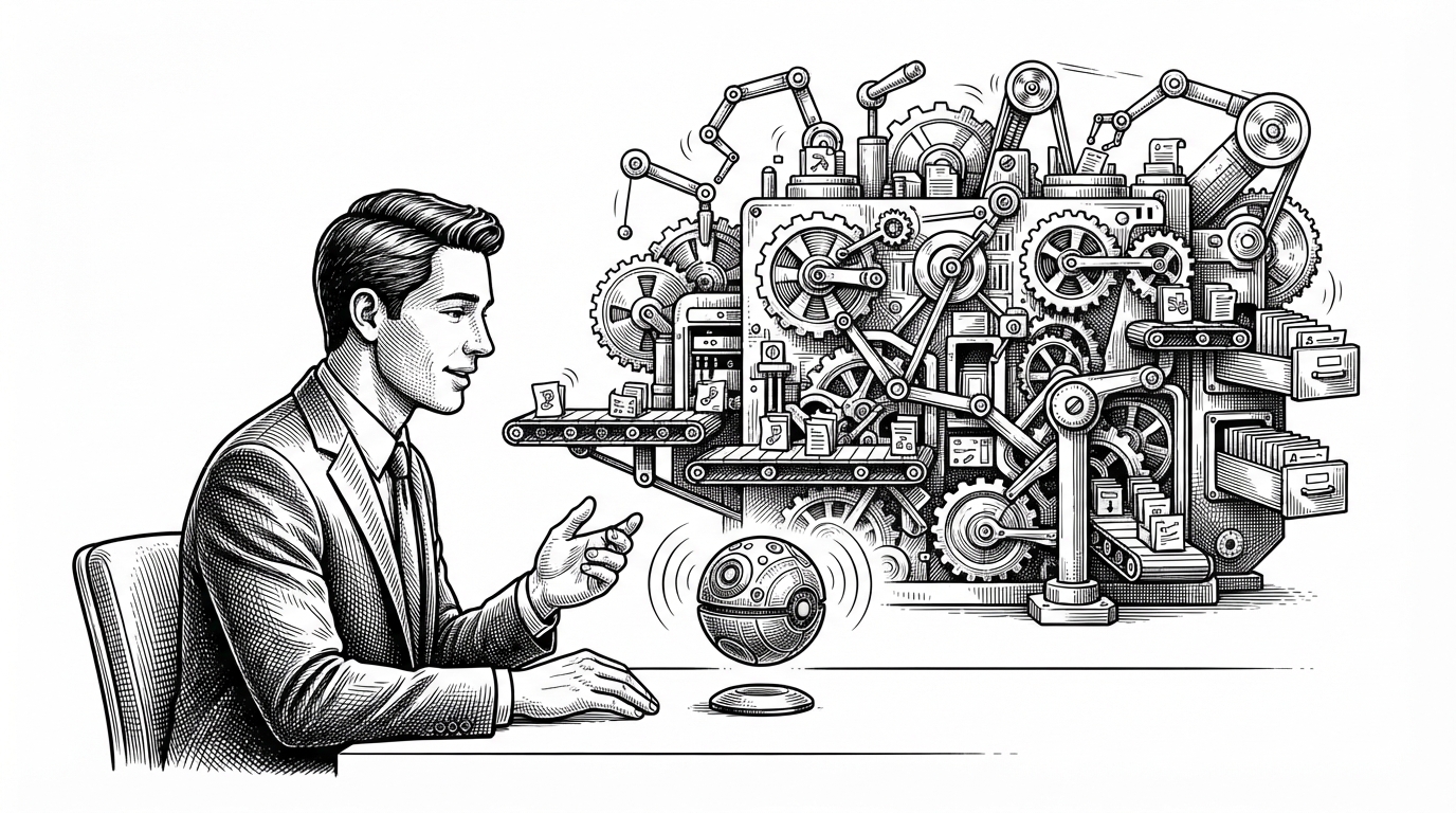 A person speaks into a floating voice interface while a separate mechanical task engine keeps turning in the background. The scene explains that conversation stays live even when the agent delegates work elsewhere.