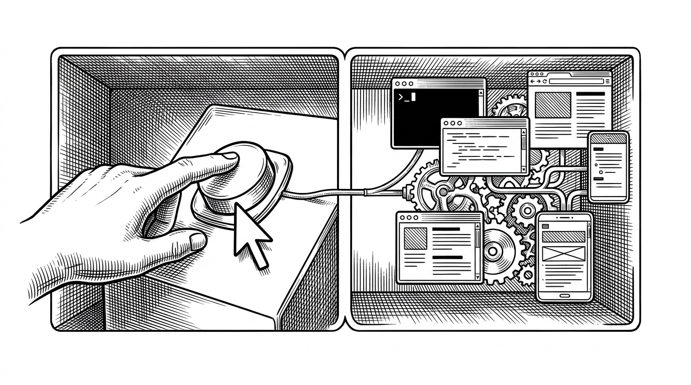 A wide editorial scene shows a single action on the left side triggering a mirrored digital environment on the right. One side contains a cursor or hand pressing a control, while the other side shows terminals, app screens, and web pages shifting like a machine in response. It explains the article's core idea: this project models the world around the agent, not just the agent itself.