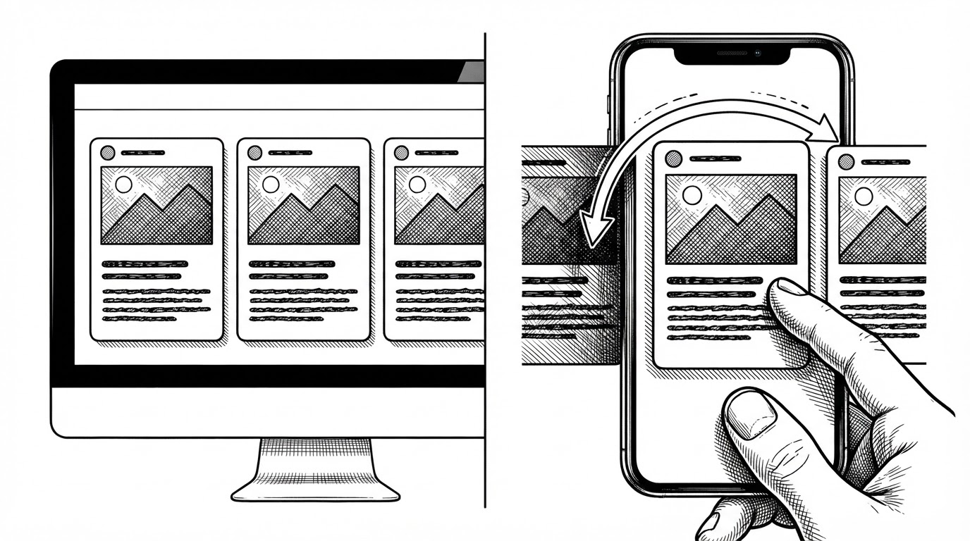 A close-up split view shows the same set of cards rendered in two different ways. On one side they sit in a neat desktop grid, and on the other they flow into a mobile carousel with a swipe path between cards. The image explains that the breakpoint changes the interaction model, not just the spacing.