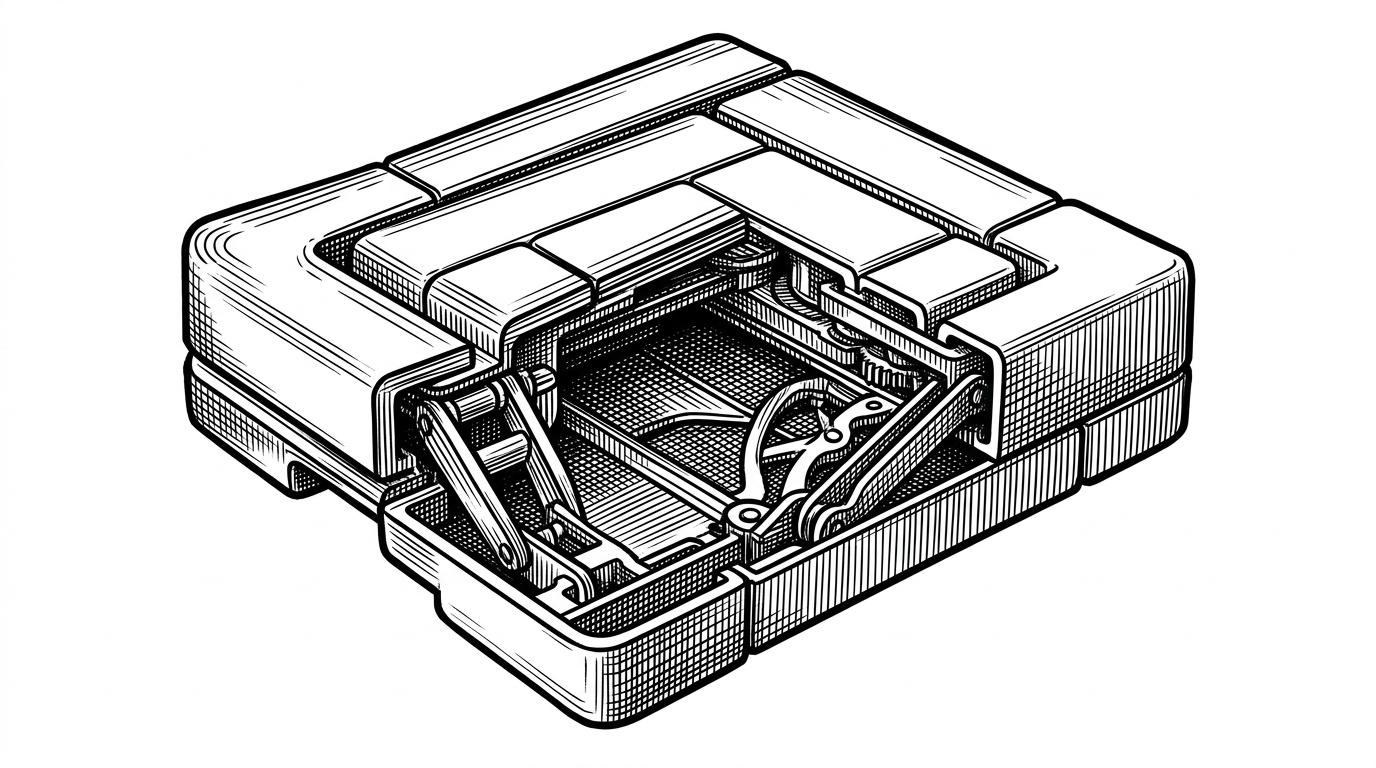 A close-up cutaway of a folded mechanical panel made from nested building blocks, opening to reveal its internal state and collapsible body. It explains how a single portable pattern can package behavior, structure, and styling without hiding the implementation.