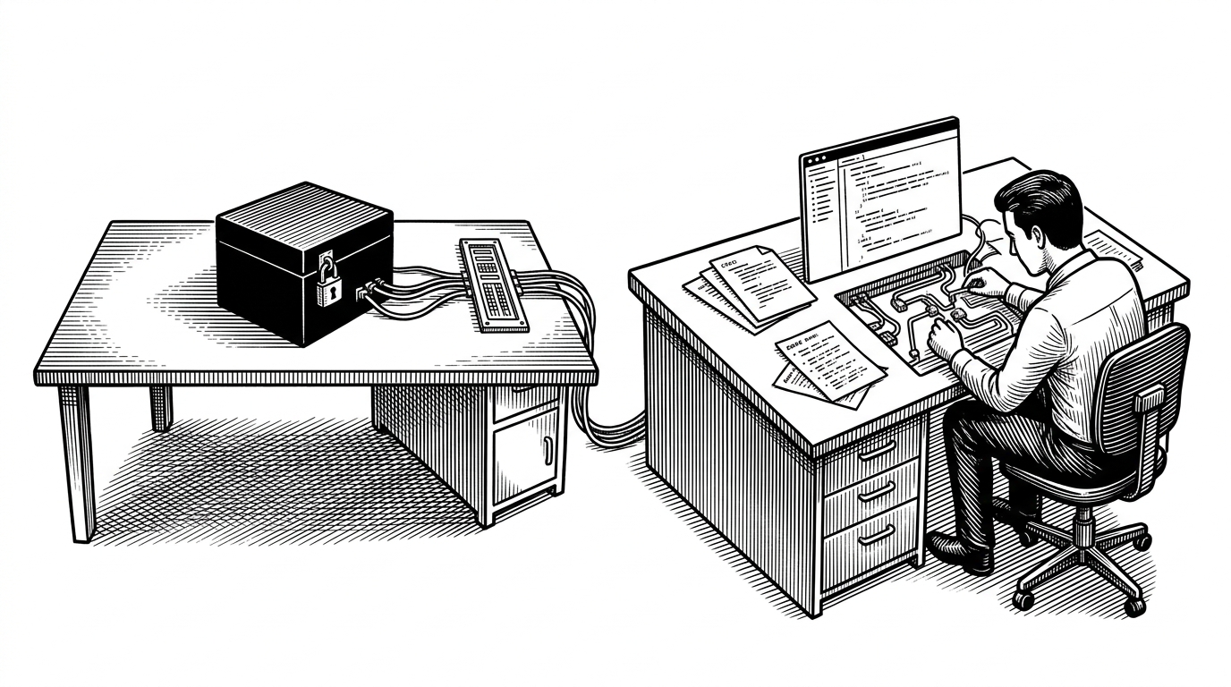 A medium-distance editorial scene with two desks side by side. One desk holds a locked package box that represents install-first software, while the other has loose source files, a code editor, and a developer rewriting internals to fit a local need. It explains why portability and inspectability matter more than abstraction here.