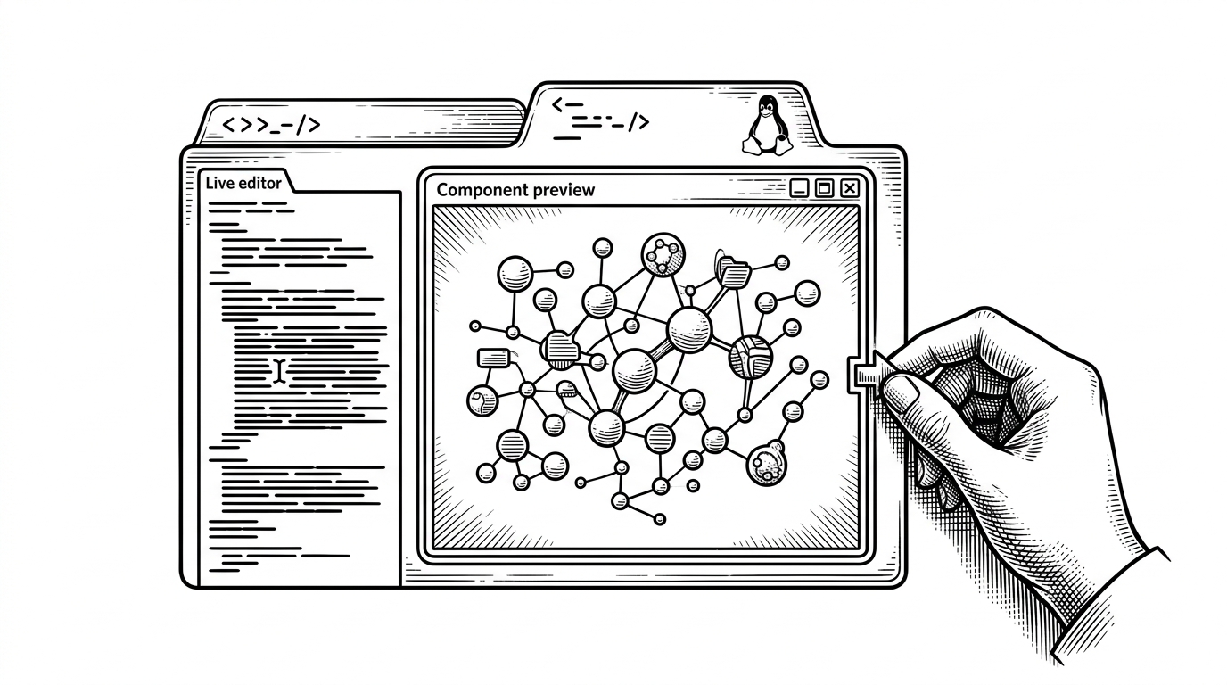 A browser-like workbench with a component preview in the center, code tabs above it, a live editor on one side, and a resize handle being dragged. It explains that the documentation site is interactive and doubles as a testing surface for component behavior.