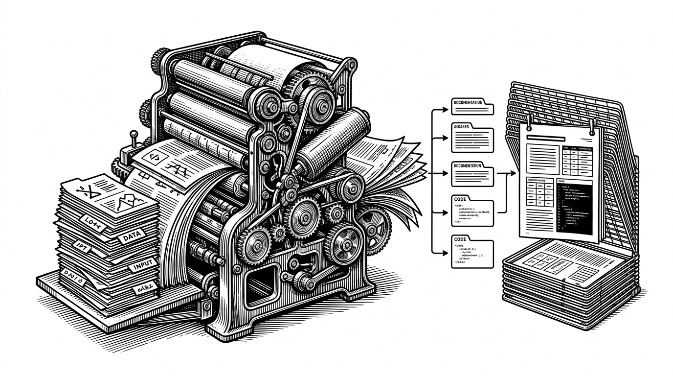 A close-up mechanical print shop scene where source files enter a press and emerge as matching documentation tabs on the other side. It explains how the docs stay synchronized with the code by generating tab content from the implementation itself.