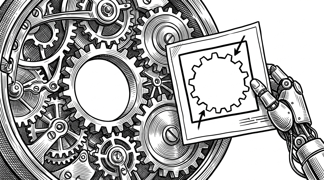 A close-up of a clockwork mechanism missing a single gear, with a robotic hand holding a blueprint focusing on the negative space. This represents the tool's ability to find missing logic rather than just flawed existing logic.