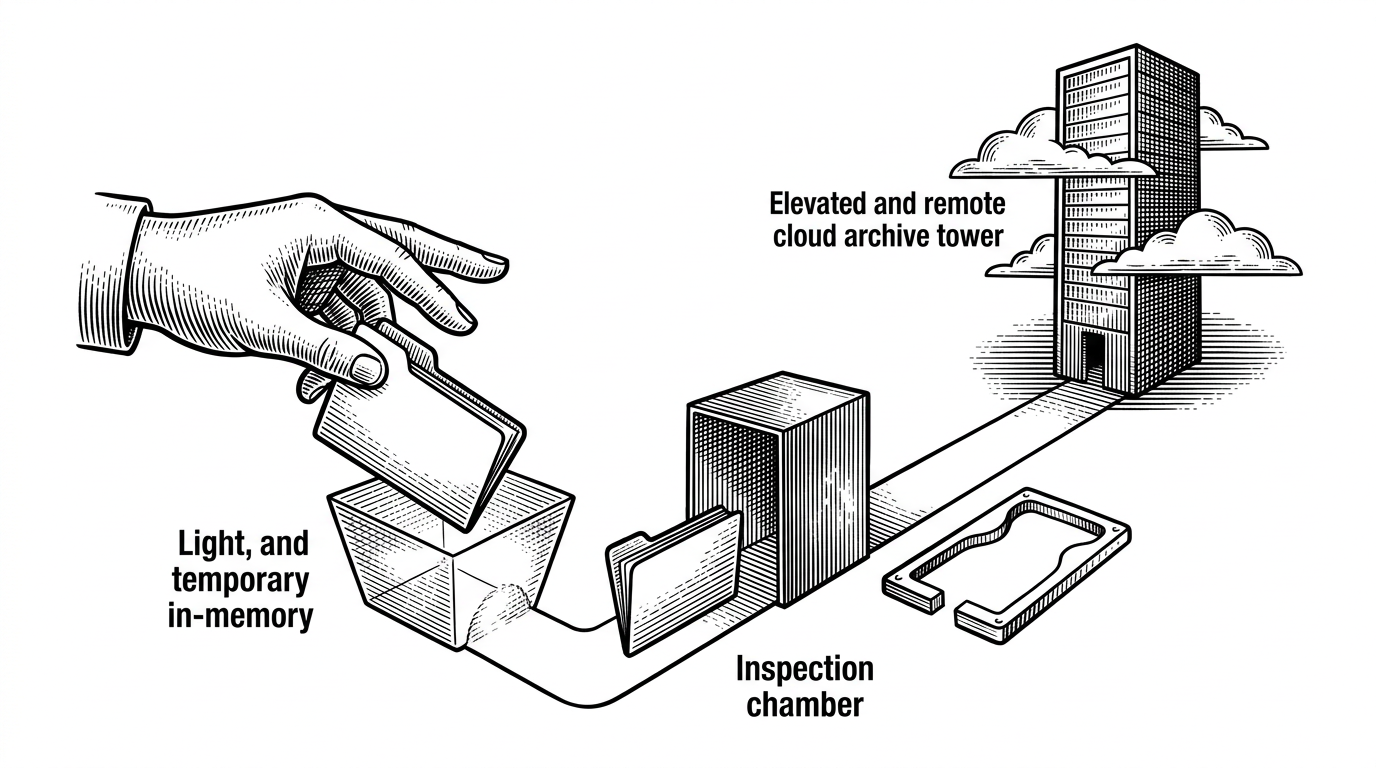 A file passes from a user's hand into a small in-memory reservoir, then into a transformation chamber, and finally into a cloud archive tower. The image shows that uploads never land on local disk, which makes the media flow stateless and easier to deploy.