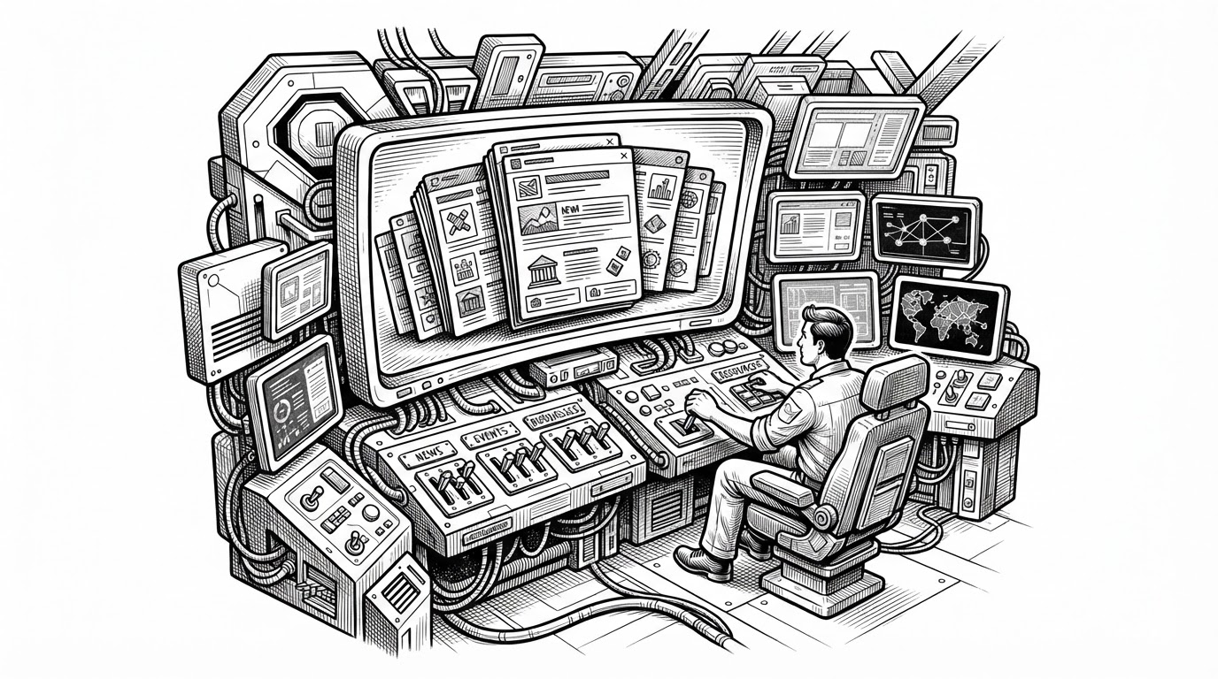 A wide control-room scene with stacked interface panels, toggle switches, and linked content screens arranged like a command deck. It explains how the site turns simple state changes into a branded community hub without JavaScript.