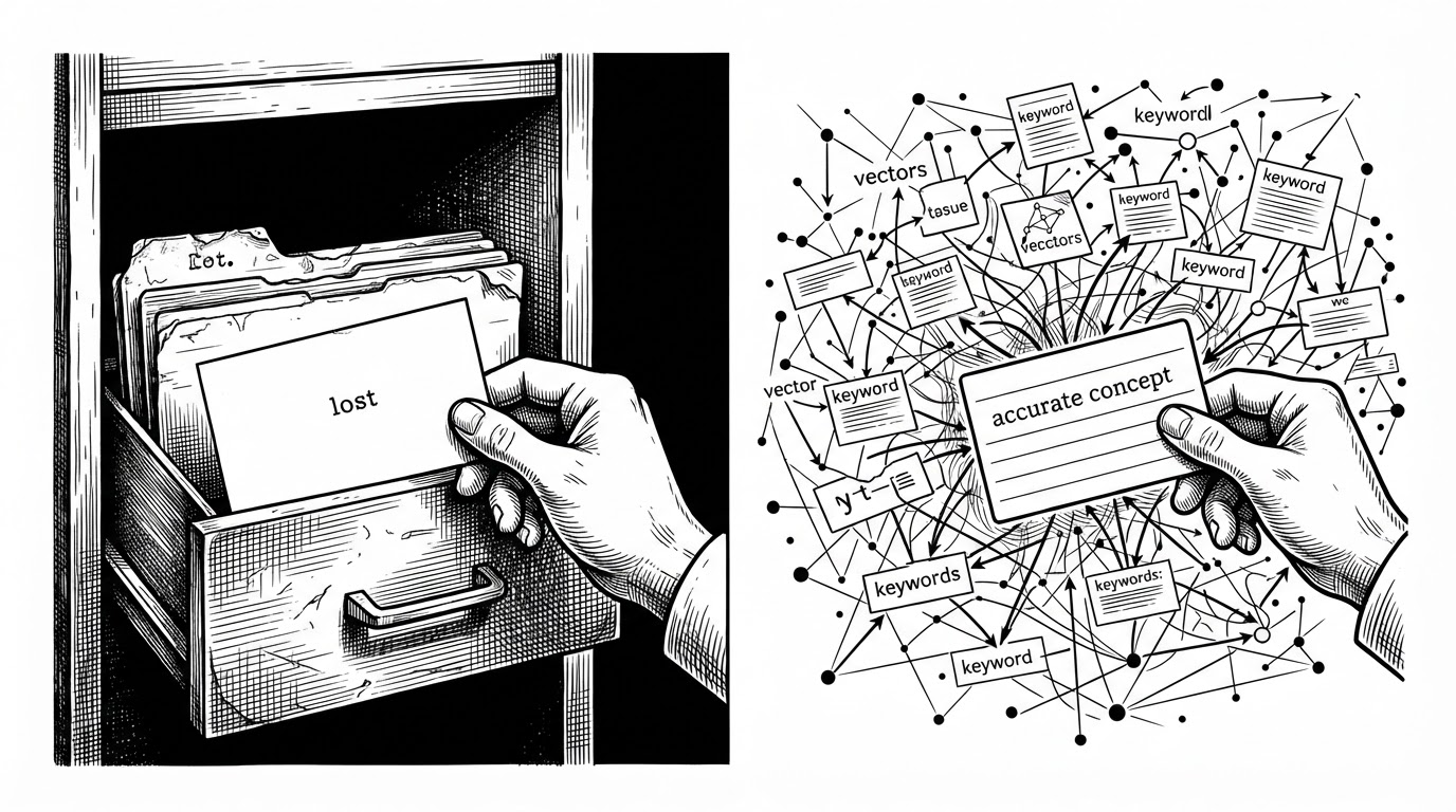 A split scene shows the same person searching two ways. On the left, an exact-title search produces a brittle partial match from a thin stack of folders. On the right, a concept-driven query pulls the right link out of a clustered web of related cards and nodes. The image explains why semantic retrieval beats exact keyword matching for recall.