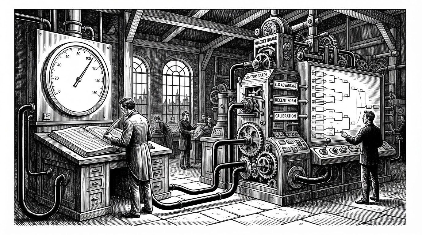 A wide editorial scene shows a World Cup bracket being fed by a calibrated control panel. One side is a simple Elo dial and ledger. The other side is a more intricate machine with factor cards pushing into the bracket board, showing how model discipline turns into forecasts.