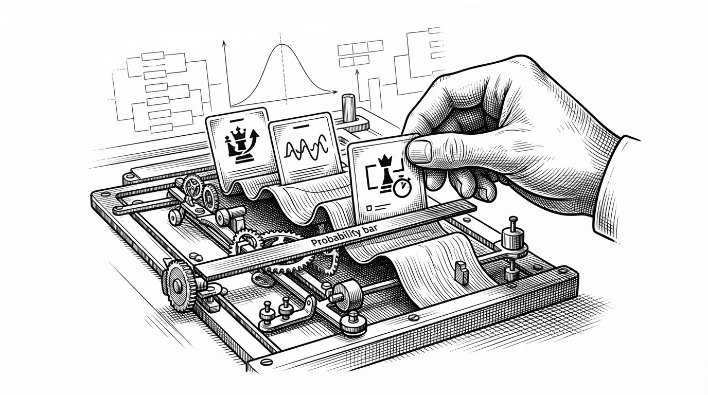 A close-up editorial illustration shows a probability waterfall being assembled by hand. Individual factor cards push a bar up or down while a faint calibration curve and bracket grid sit behind it, explaining how a prediction is built from contributing signals.
