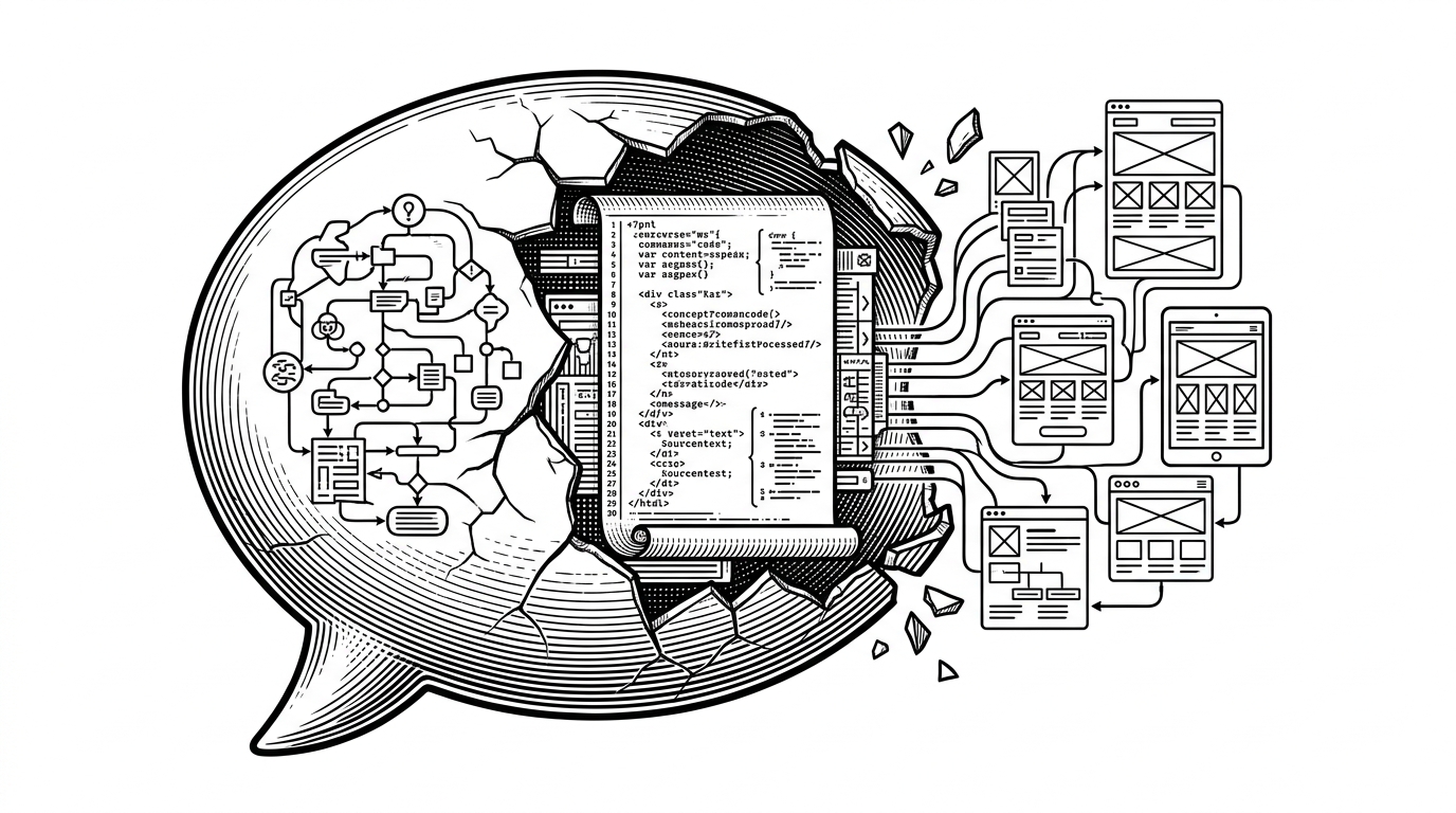 A chat bubble opens like a shell to reveal a compact workspace inside it. Separate zones inside the opened form suggest reasoning, code artifacts, and a layout panel expanding outward. The image explains IntelliUI's core idea: an AI response can grow into structured interface state instead of staying a single text block.