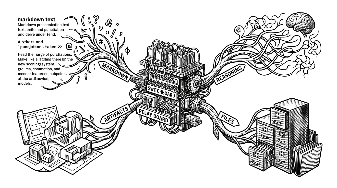 A close-up switchboard shows one central message object sending branches into separate renderers for text, reasoning, artifacts, and files. The composition explains that IntelliUI routes AI output through a dispatcher rather than relying on a single markdown renderer.