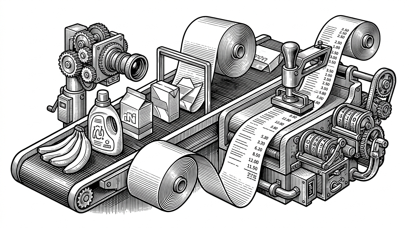 A grocery checkout counter rendered as a split mechanical ledger, with produce, detergent, and cartons moving through a scanner on one side and a second line tallying carbon impact on the other. The image explains that this project treats sustainability as something recorded during checkout, not added after the fact.
