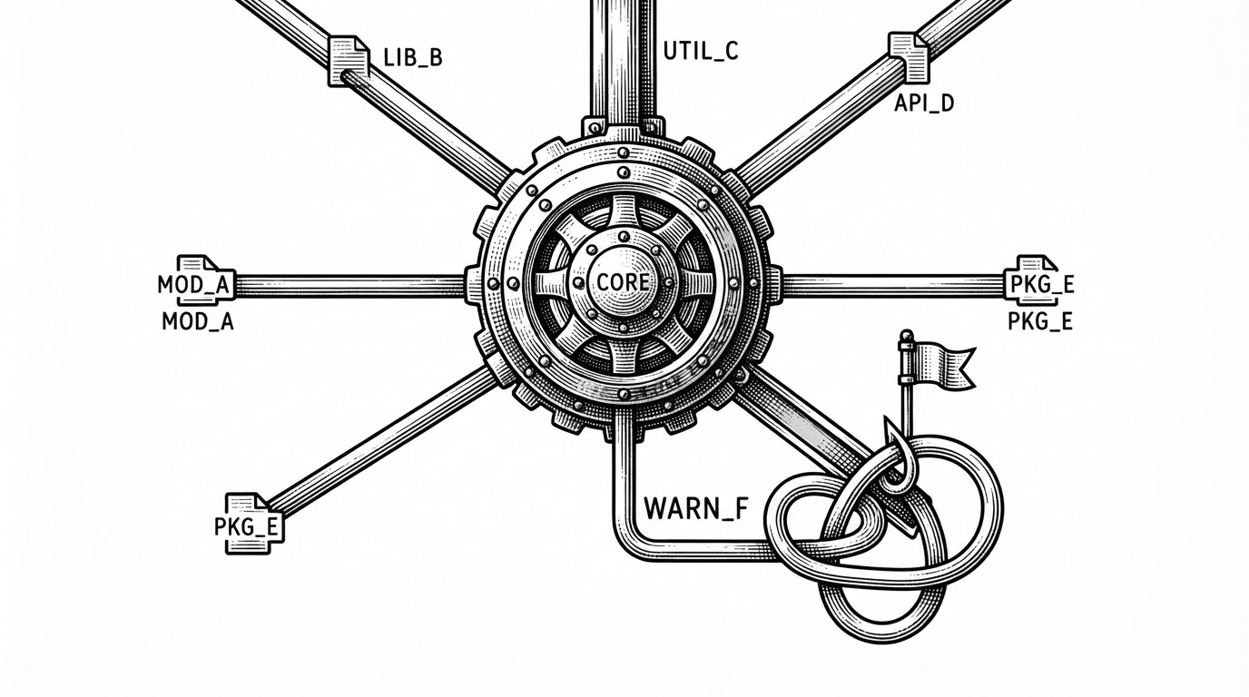 A close-up editorial illustration of a central dependency node with multiple import lines radiating outward. One path curves into a loop and is caught by a visible flag, while other paths continue cleanly across the page. The image explains how the graph layer surfaces circular imports and structural risks, not just matching snippets.