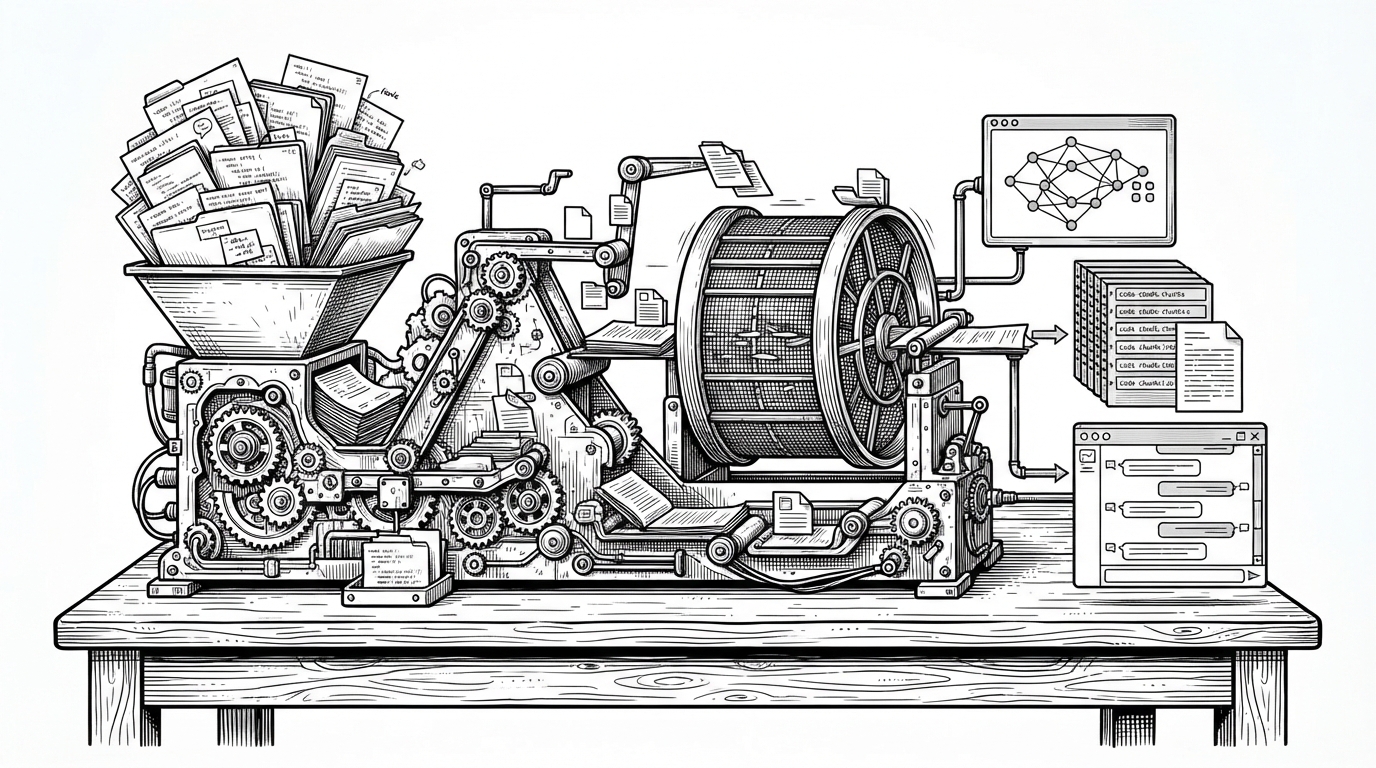 A wide editorial illustration of source files being fed into a mechanical sorting apparatus. The raw code enters as a messy stack, then exits as three clean outputs: a dependency graph, indexed chunks, and a chat window. The image explains that the system turns repositories into structured knowledge before any model answers a question.