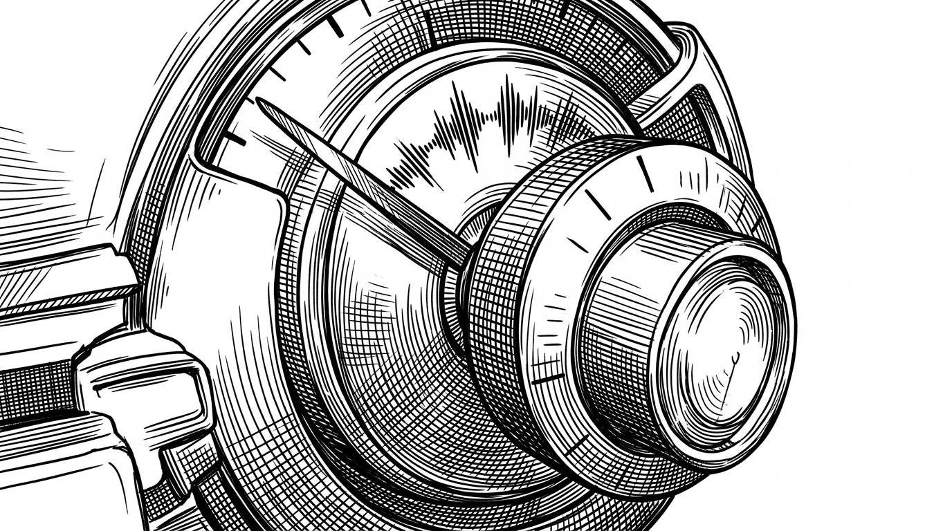 A close-up black ink illustration shows three physical controls pressed into one dial. A timer hand, a sound volume wave, and a focus ring all tug at the same center point. The image explains that FocusLoop is designed around attention management, not just countdown timing.