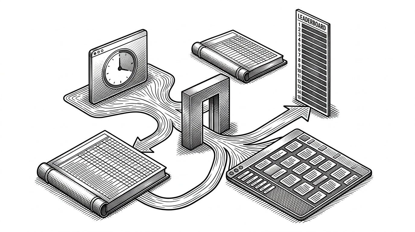 A black ink editorial scene shows a focus timer at the center of a clean white field. One completed session sends a controlled pulse toward a score card, a leaderboard column, and a phone notification panel while a gate at the front filters identity before the signal spreads. The image explains how one ordinary action in FocusLoop becomes multiple product outputs.