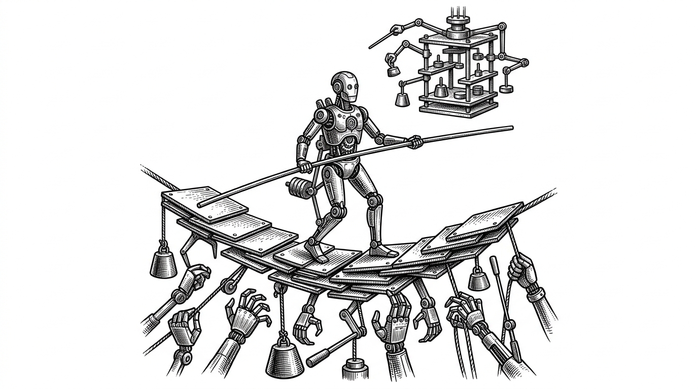 A humanoid robot balances on a tightrope made of stacked sheets, each sheet representing a control constraint. Above and around it, competing forces press in from different directions, but the robot stays upright because the system prioritizes balance over everything else.