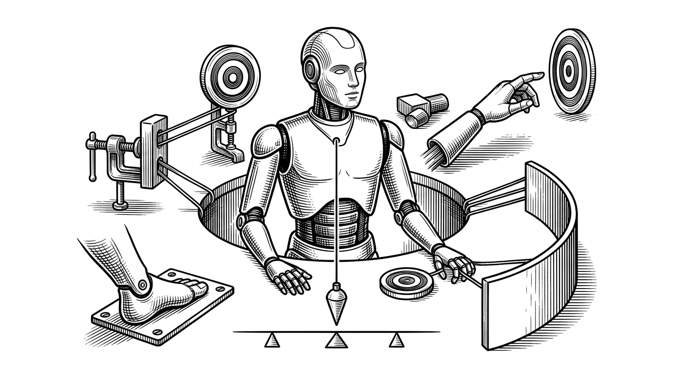 Several mechanical goals are arranged like competing negotiators around a central robot body. One hand reaches for a target, one foot is pinned to the ground, a center-of-mass weight hangs over a balance line, and a collision bar blocks risky motion, showing how control becomes a negotiation.