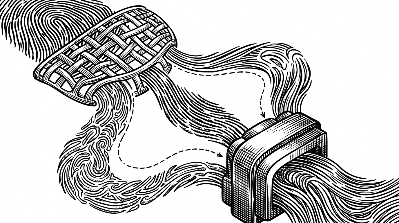 A close-up of fingerprint ridges being pushed through a sequence of filters. The ridge pattern splits into three outputs, one for texture statistics, one for ridge density, and one for orientation strength, then those outputs merge into a fusion block. The image explains that preprocessing is treated as signal extraction rather than cleanup.