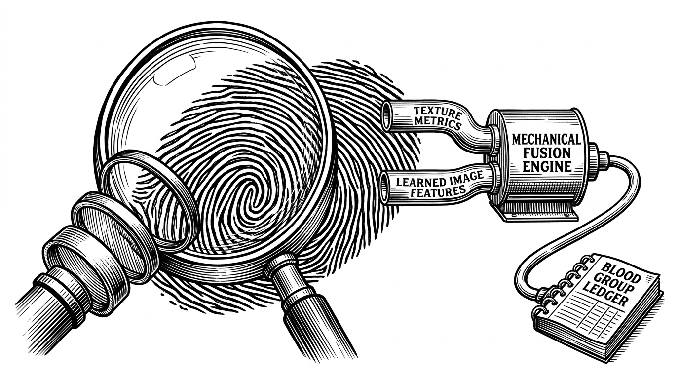 A fingerprint sits inside a laboratory lens system that splits into two analytical paths. One path passes through a bank of classical filters, while the other feeds a compact fusion engine that combines texture metrics and learned image features before producing a blood group ledger. The image explains that RidgeVision AI treats the fingerprint as both an image and a biological signal.