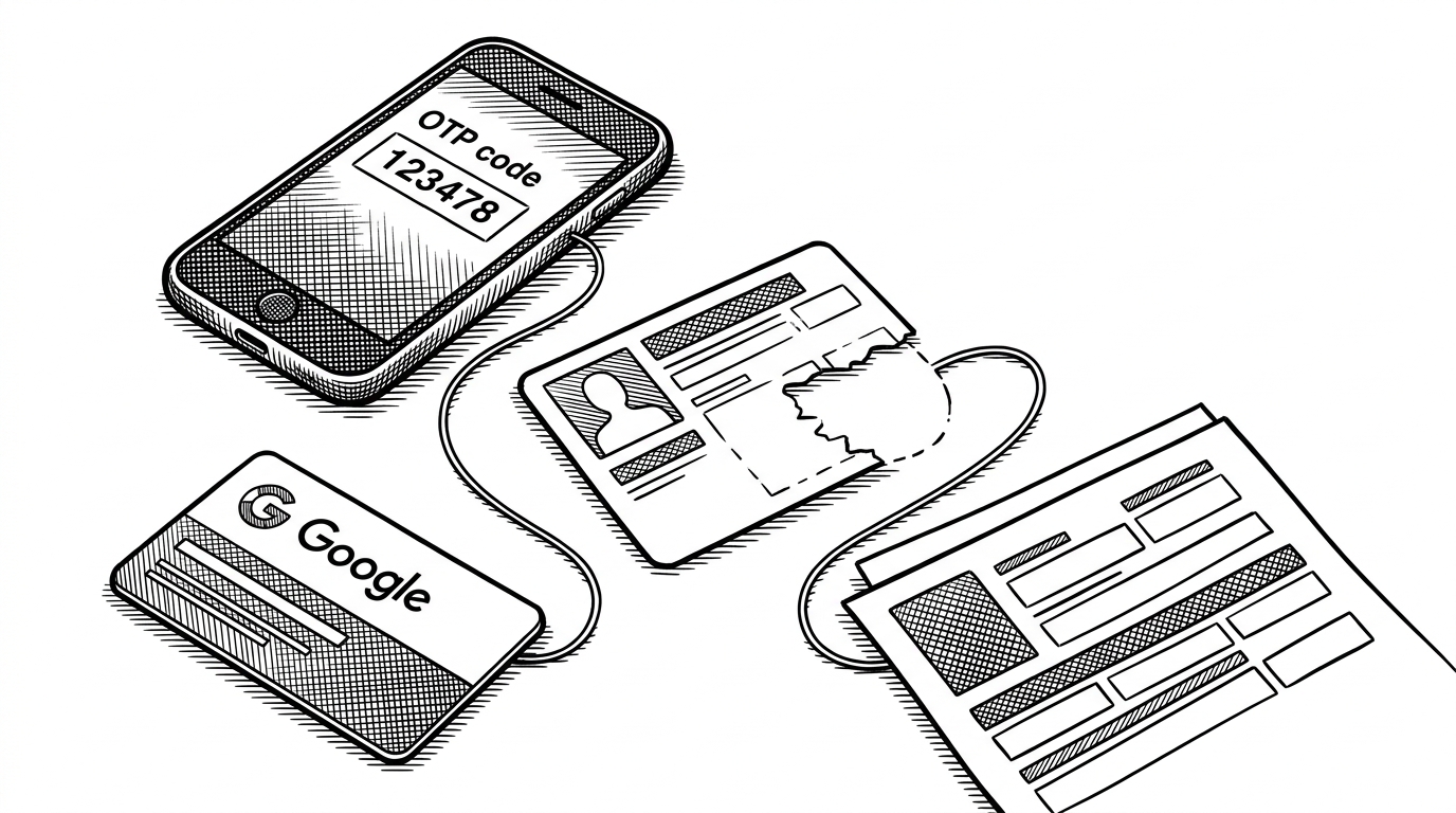 A close-up black-ink scene shows three login tokens on a desk: a phone with an OTP code, a Google login card, and an incomplete profile form with missing fields. A thin line connects them to one user record that only becomes complete after the final field is filled. It explains Rakshaniti's fallback authentication model and the role of partial registration.