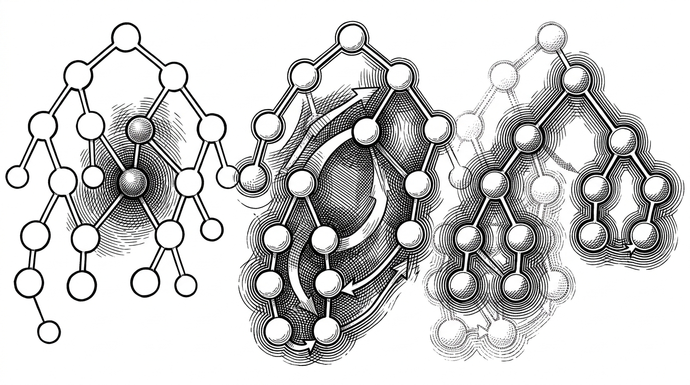 A comparison scene of a binary search tree operation being stepped through in small visible stages, with one node highlighted, one node replaced, and a heap swap shown in the background. The image explains that the browser is acting like a teaching tool for algorithm state changes.