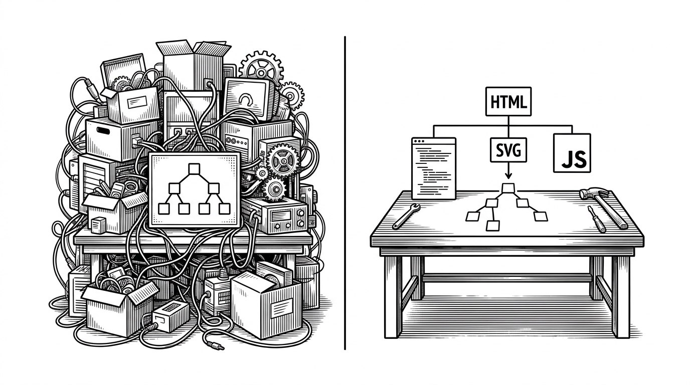 A split editorial scene contrasts a heavy layered software stack on one side with a stripped-down HTML, SVG, and JavaScript workbench on the other. The image explains why the repo’s restraint is a feature for a narrow educational job.